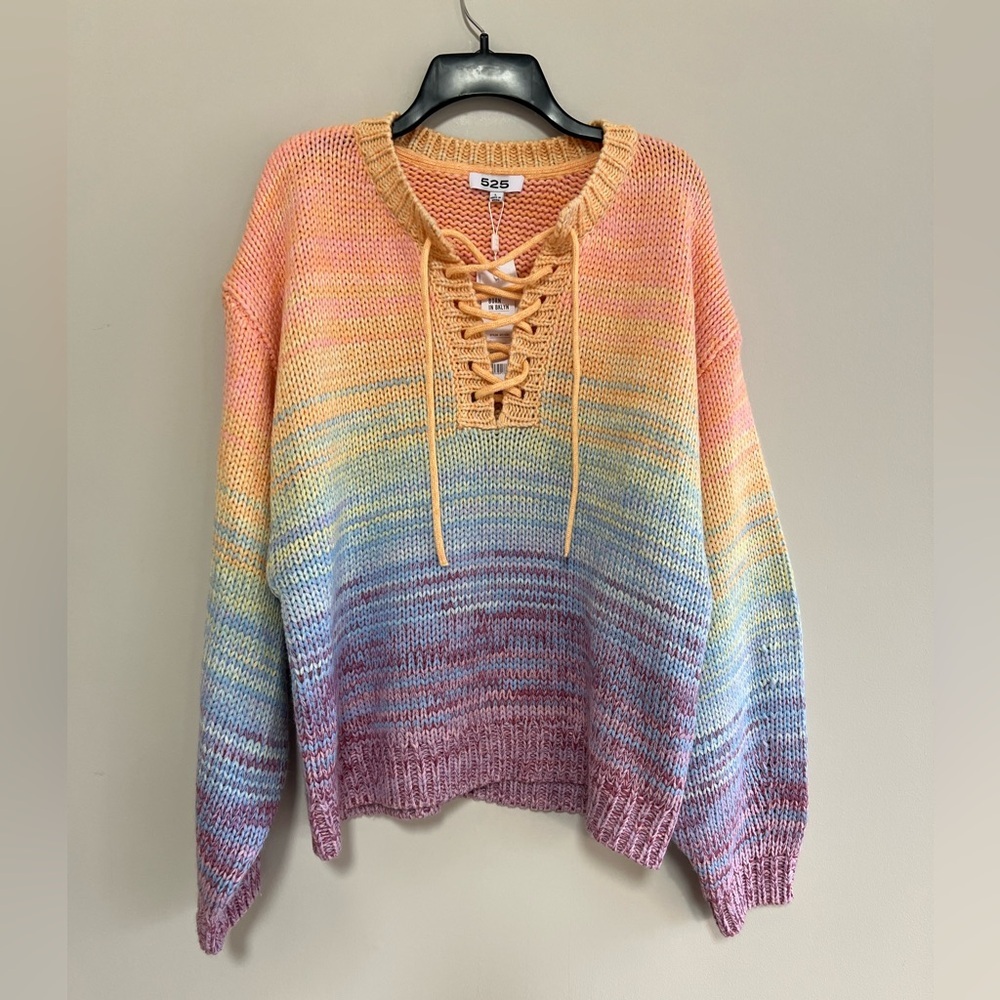525 America Born in Brooklyn NWT Lace-Up V-Neck Rainbow Marled Knit Sweater, L - Picture 4 of 13